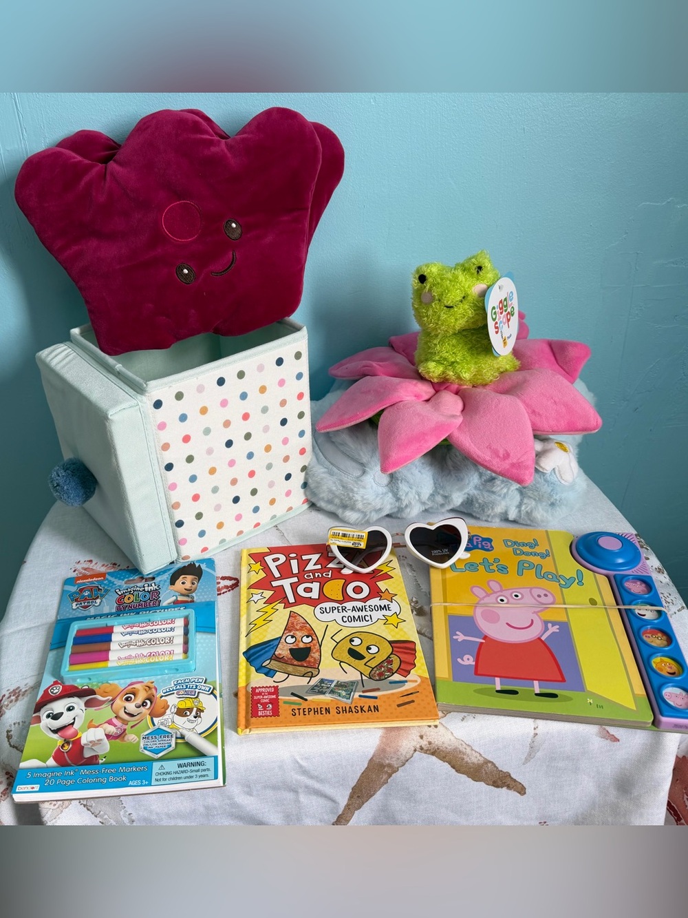 rag box for storing things like books, glasses and more